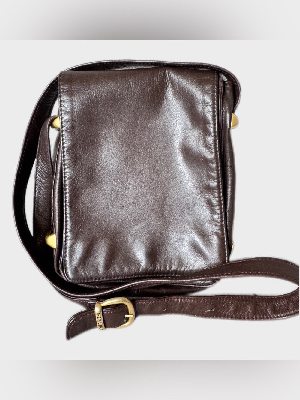 Vintage Perlina New York Soft Pebble Leather Crossbody Bag Brown 90s Y2K Minimal